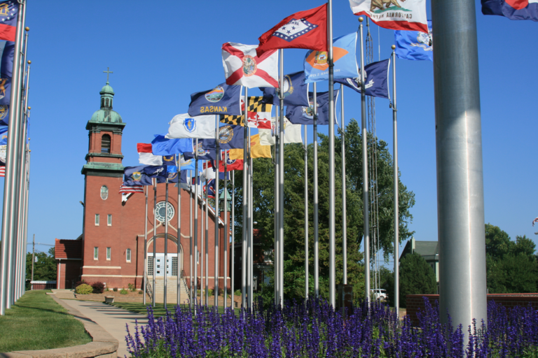 Brooklyn’s famous year-round Flag Display, featuring all 50 state flags, lines the Route 6 corridor through town