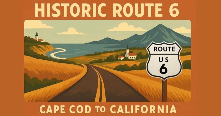 Vintage travel poster for Historic Route 6 with highway sign and scenic background.