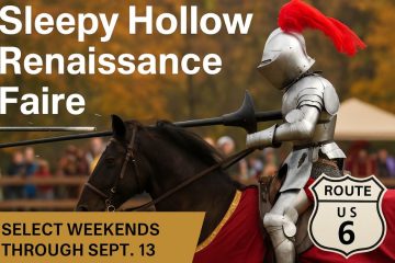 Knight jousting at Sleepy Hollow Renaissance Faire in Iowa with Route 6 shield and date strip “Through Sept. 13.”